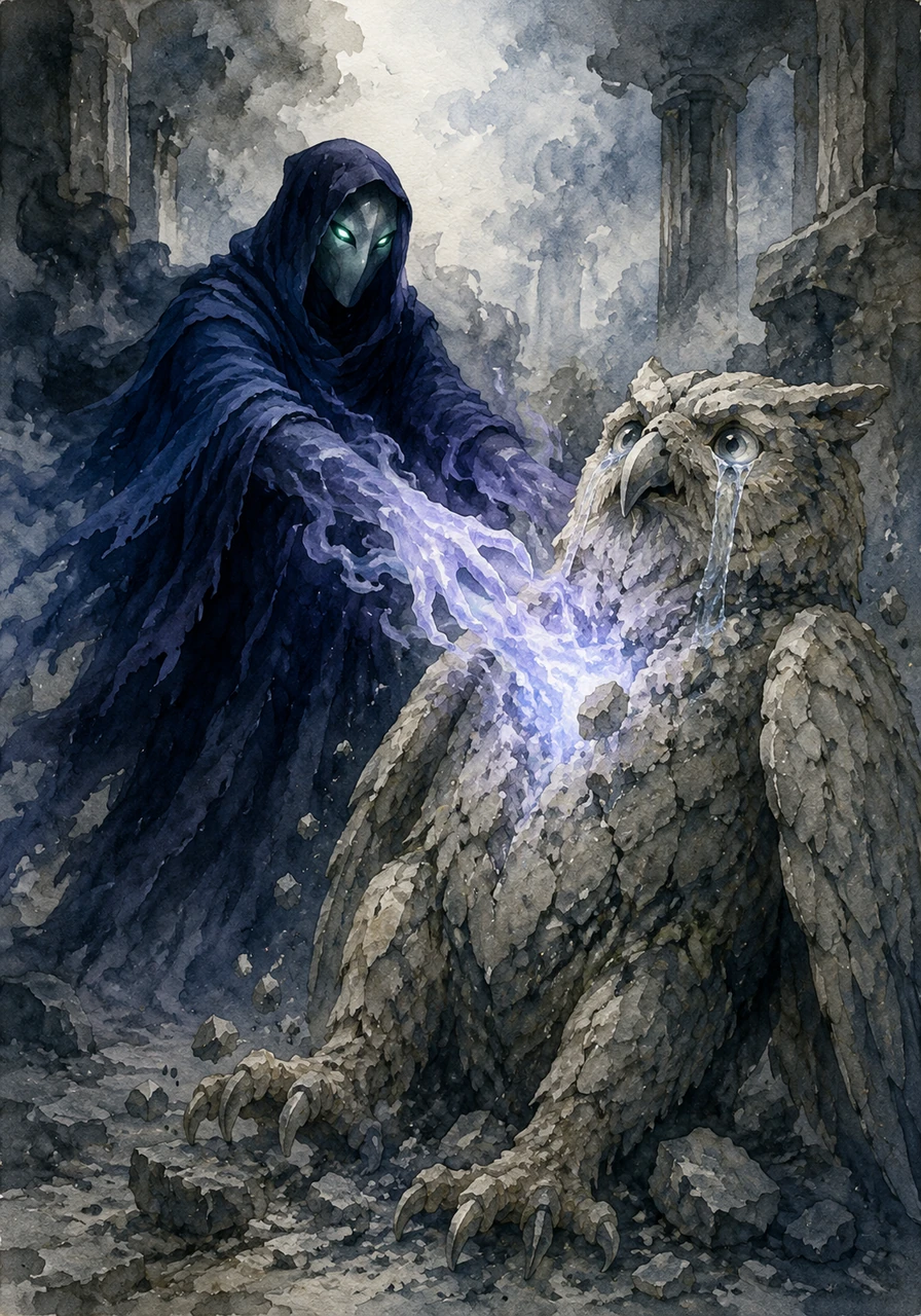 A masked figure cloaked in midnight blue stepped from the shadows, eyes gleaming with envy and malice. Before Silas could react, the stranger reached forward with ghostly, vaporous hands that pierced his chest without a sound.
