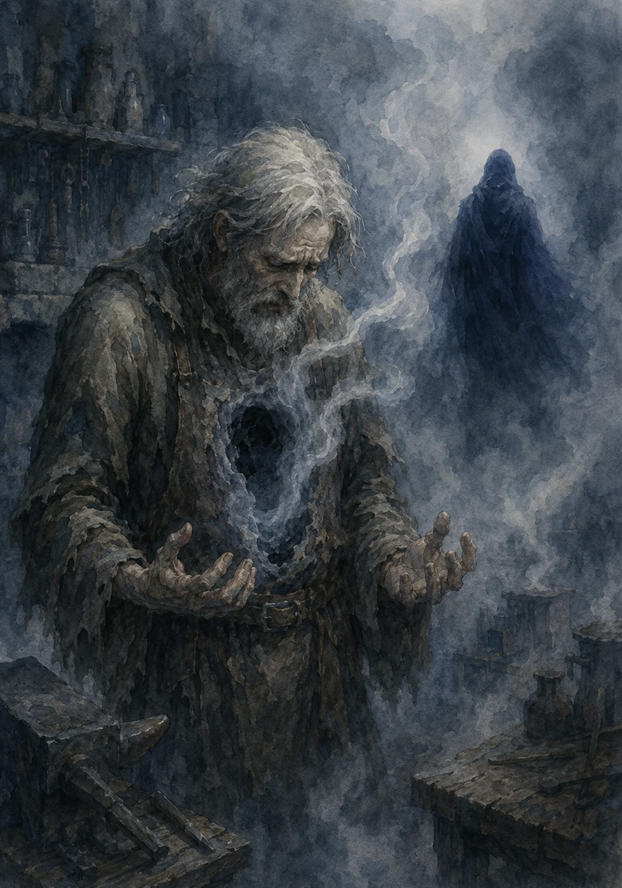 The thief vanished into the mist, leaving Silas alone in the dimming workshop as the fire in the hearth flickered out. Silas looked down at the hollow cavern in his chest, which now spiraled with wisps of cold, gray smoke.