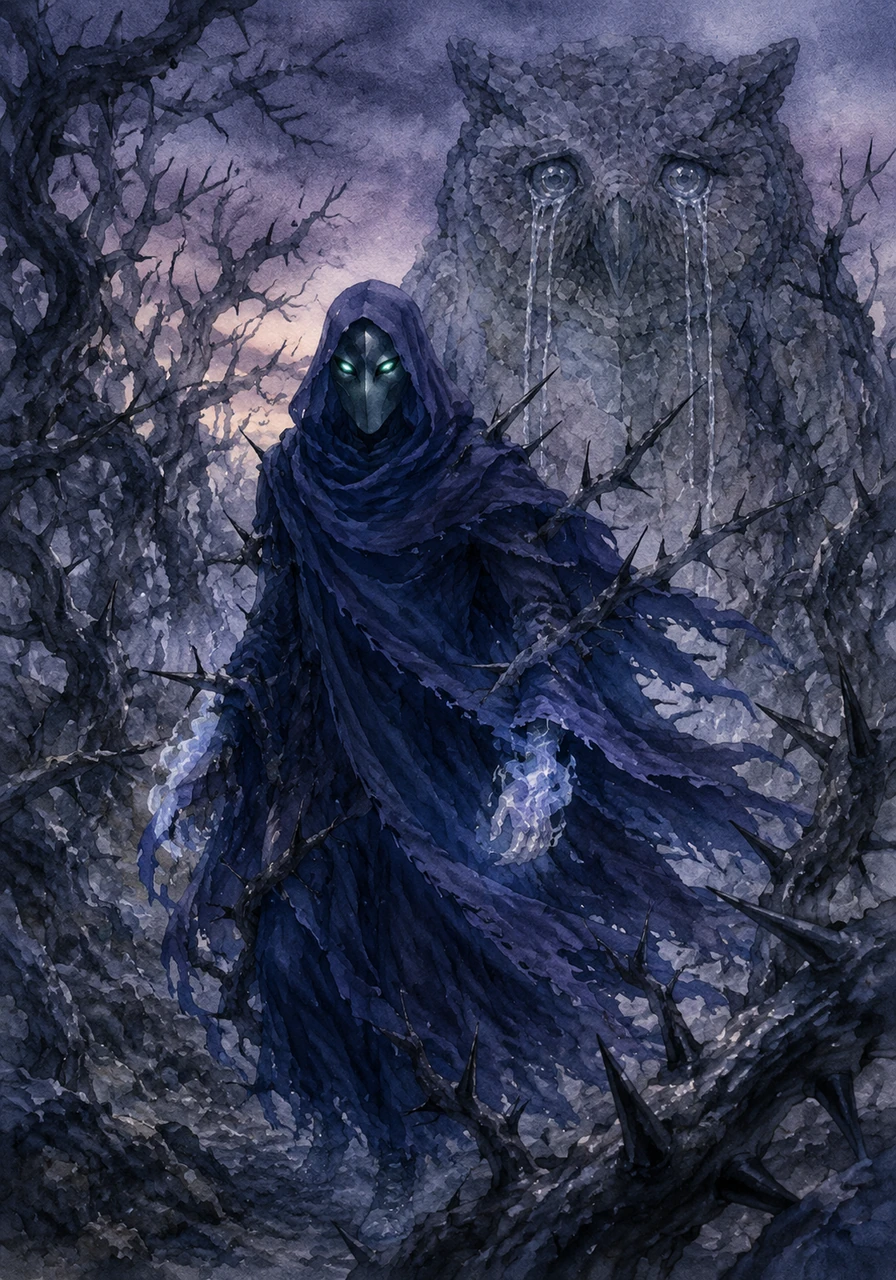 Determined to reclaim his essence, Silas stepped out into the twilight and entered the twisted Forest of Thorns. The jagged, obsidian branches clawed at his clothes, reflecting the profound ache and emptiness consuming his soul.