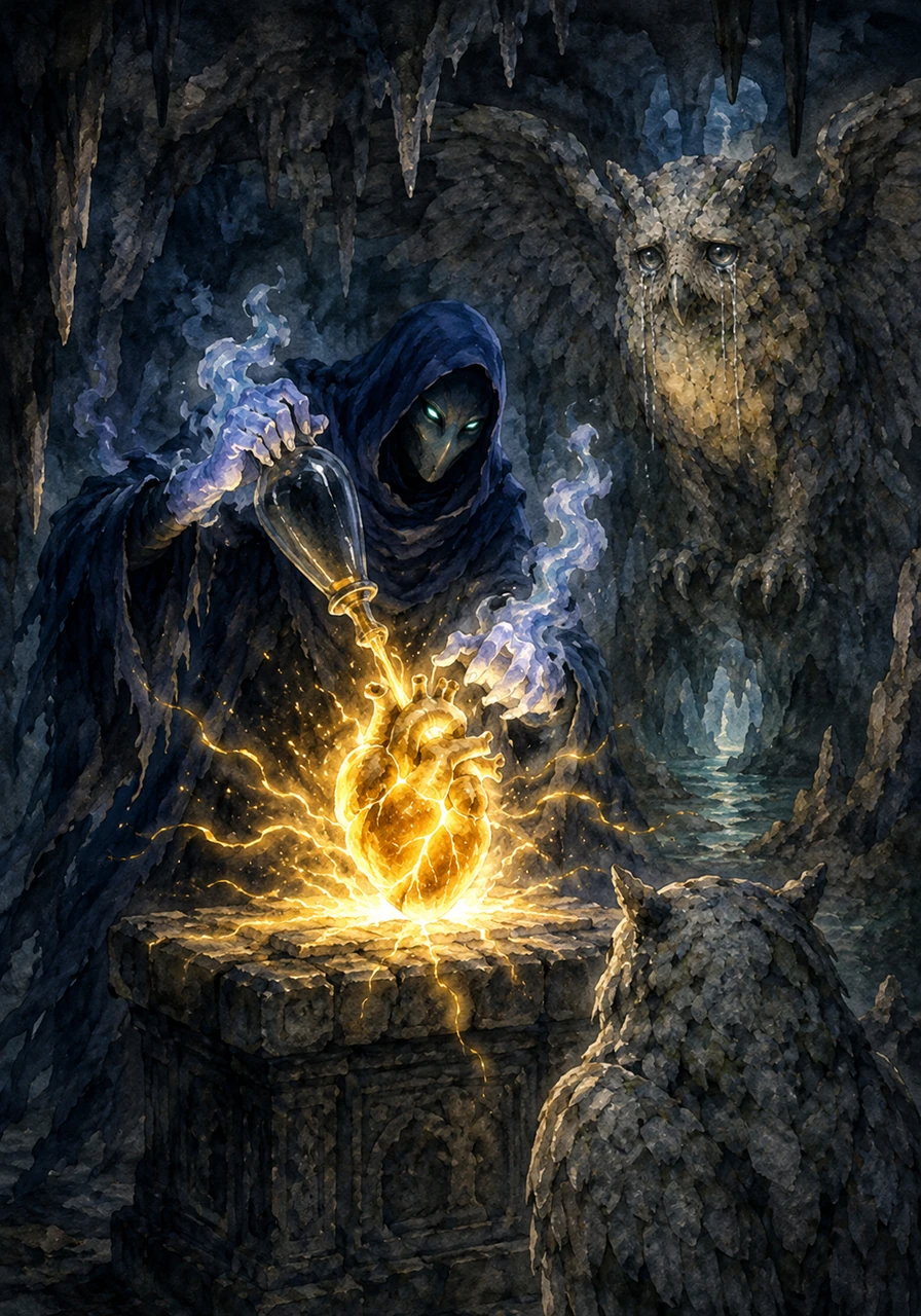 Following the owl's guidance, Silas discovered a hidden cavern where the masked thief stood before an altar, trying to drain the golden heart into a dark glass vial. The stolen heart throbbed violently, resisting the thief's corruption and illuminating the jagged stalactites above.