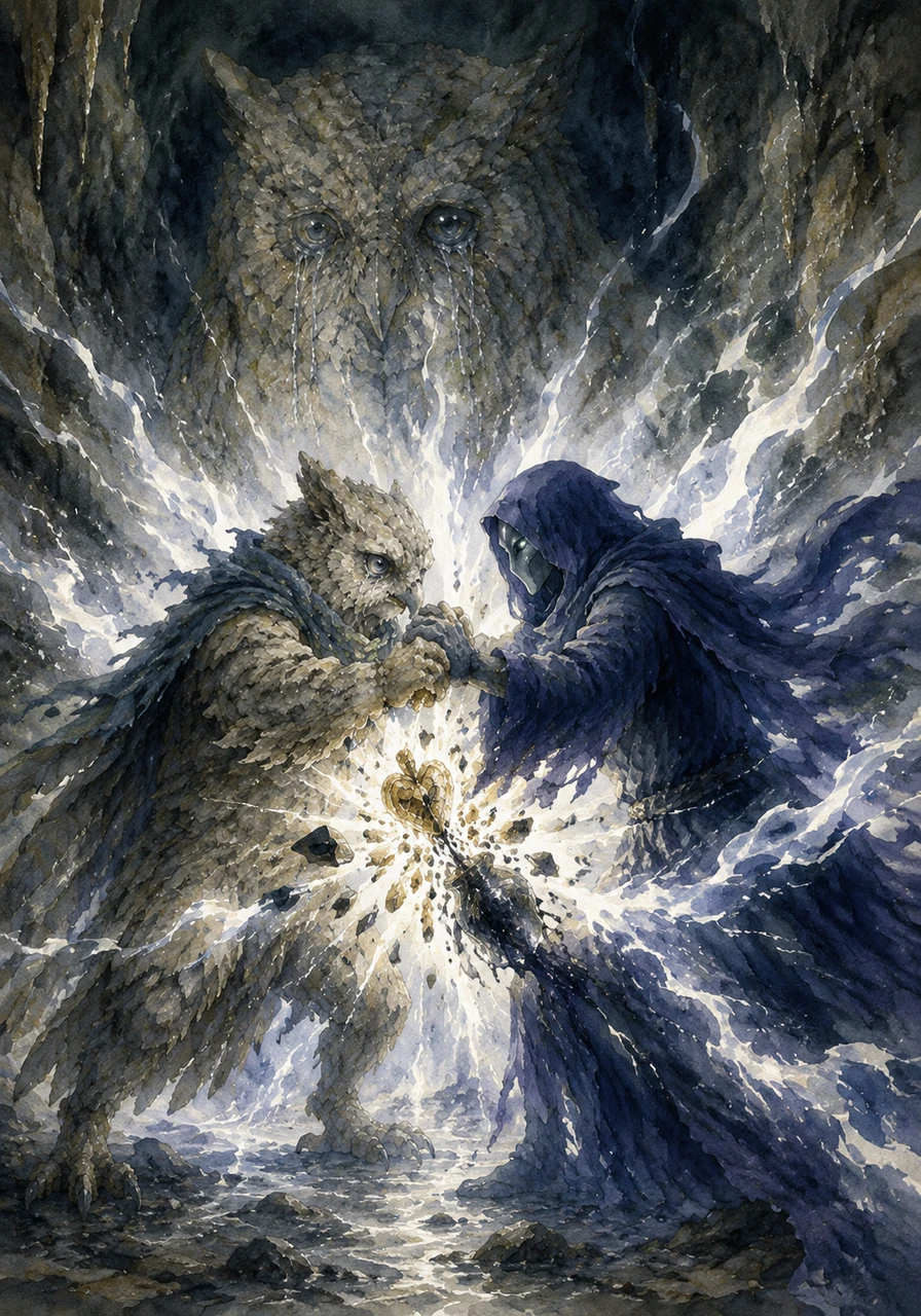 Silas lunged forward, confronting the thief with a fierce bravery born of desperation. As they struggled, the golden heart shattered the dark vial, sending waves of blinding, pure light crashing through the cavern.