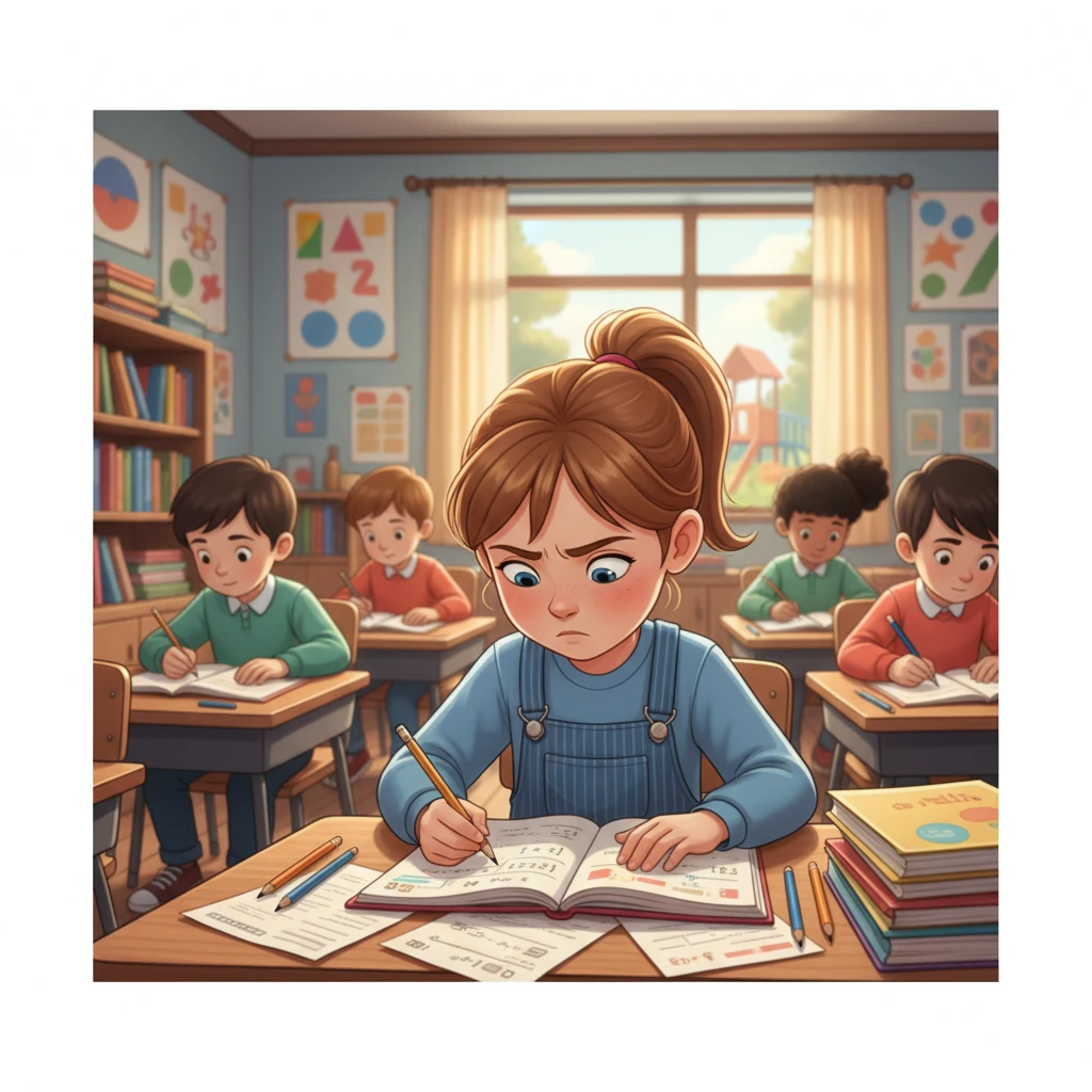 Sarah sitzt in der Schulklasse, leicht verärgert, aber entschlossen. Die Aufgaben sind manchmal schwer, aber sie weiß, dass sie sich durchsetzen muss. Ihre Entschlossenheit leuchtet in ihren Augen, während sie über ihren Heften brütet.