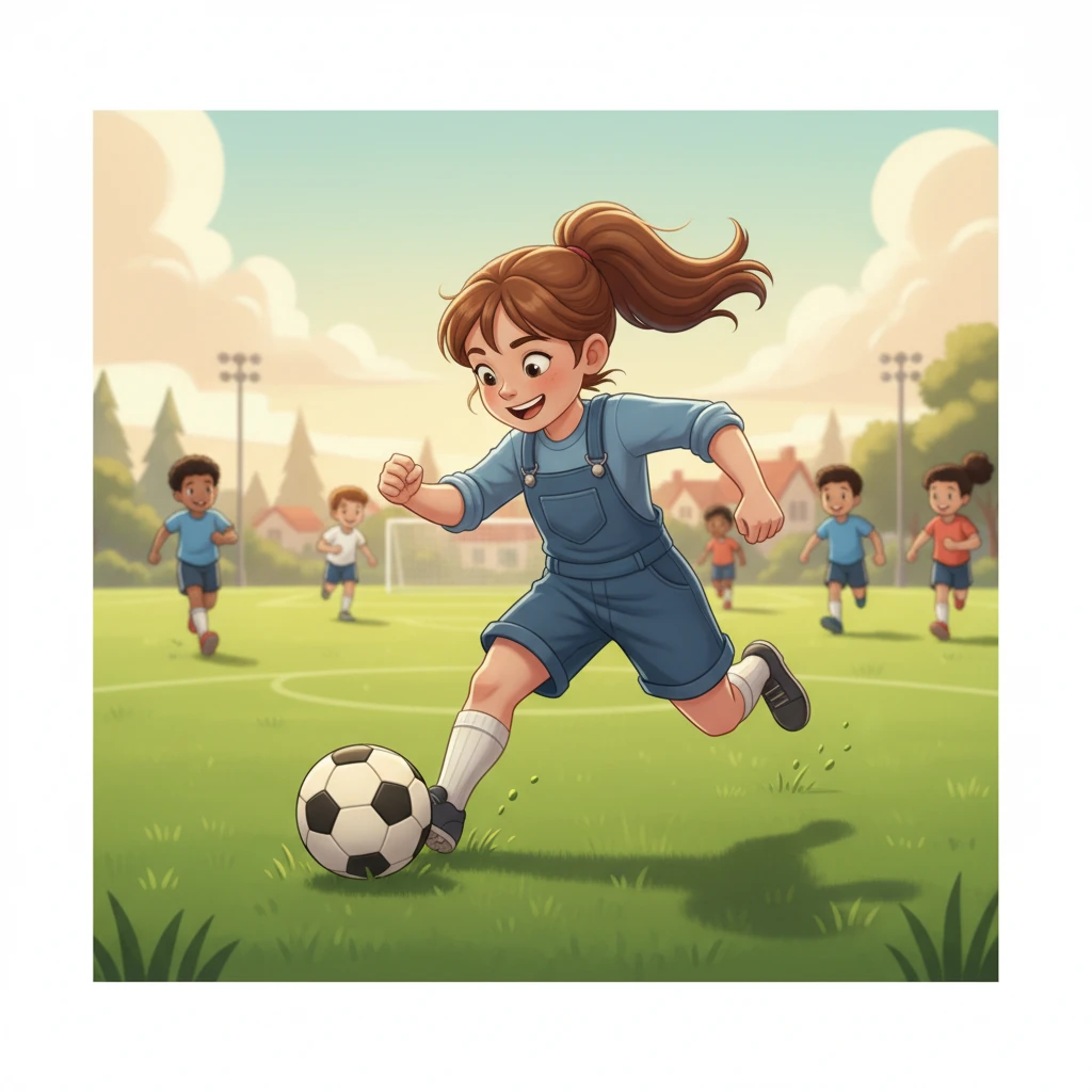 Nach der Schule tobt sich Sarah beim Sport aus. Sie spielt Fußball und rennt auf dem Rasen, voller Energie und Freude. Ihre Muskeln sind stark, und ihre Ausdauer ist bewundernswert.