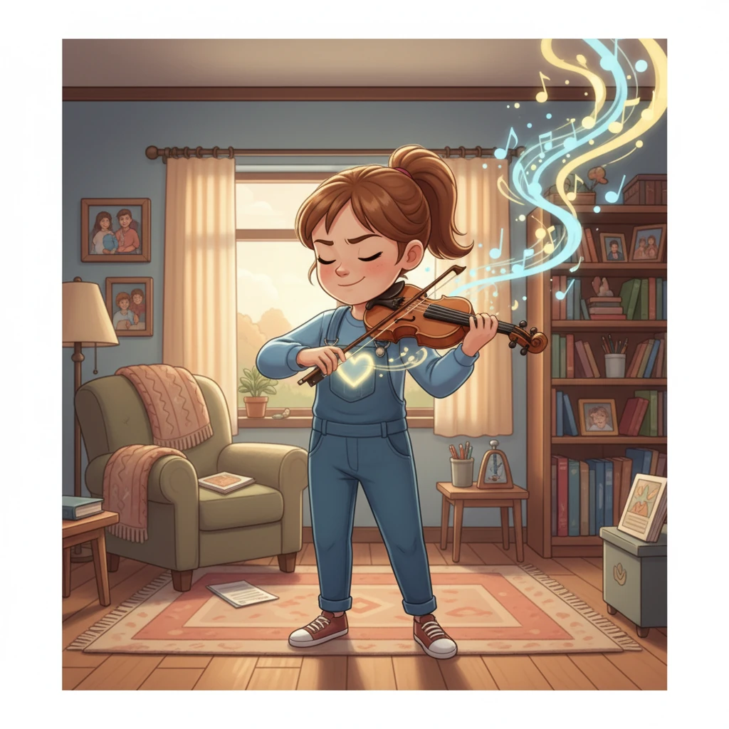 Sarah spielt leidenschaftlich Geige. Die Musik erfüllt das Wohnzimmer, und die Noten fließen aus ihrem Herzen. Sie übt fleißig, denn die Musik ist ein wichtiger Teil ihres Lebens und ihre Seele.