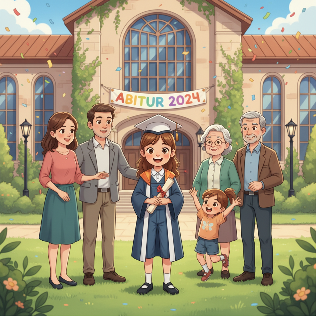 Sarah feiert ihren Erfolg am Gymnasium. Sie steht mit ihren Eltern, Großeltern und Geschwistern und freut sich über ihren Abitur-Abschluss. Stolz und Dankbarkeit spiegeln sich in ihren Augen.