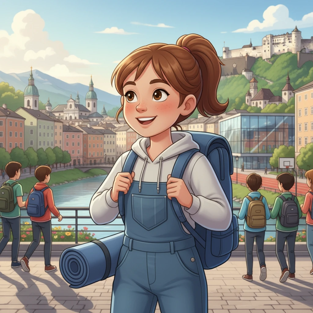 Sarah ist nun Studentin und in Salzburg angekommen. Die Stadt wirkt frisch und aufregend, während sie ihr Sportstudium beginnt. Sie freut sich auf neue Herausforderungen.