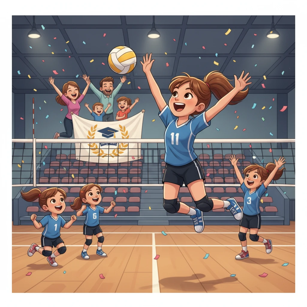 Sarah spielt leidenschaftlich Volleyball in einem Hallenspiel. Sie jubelt und kämpft mit ihrem Team. Ihre Familie unterstützt sie von der Tribüne aus und sie erreicht ihren Bachelor-Abschluss.