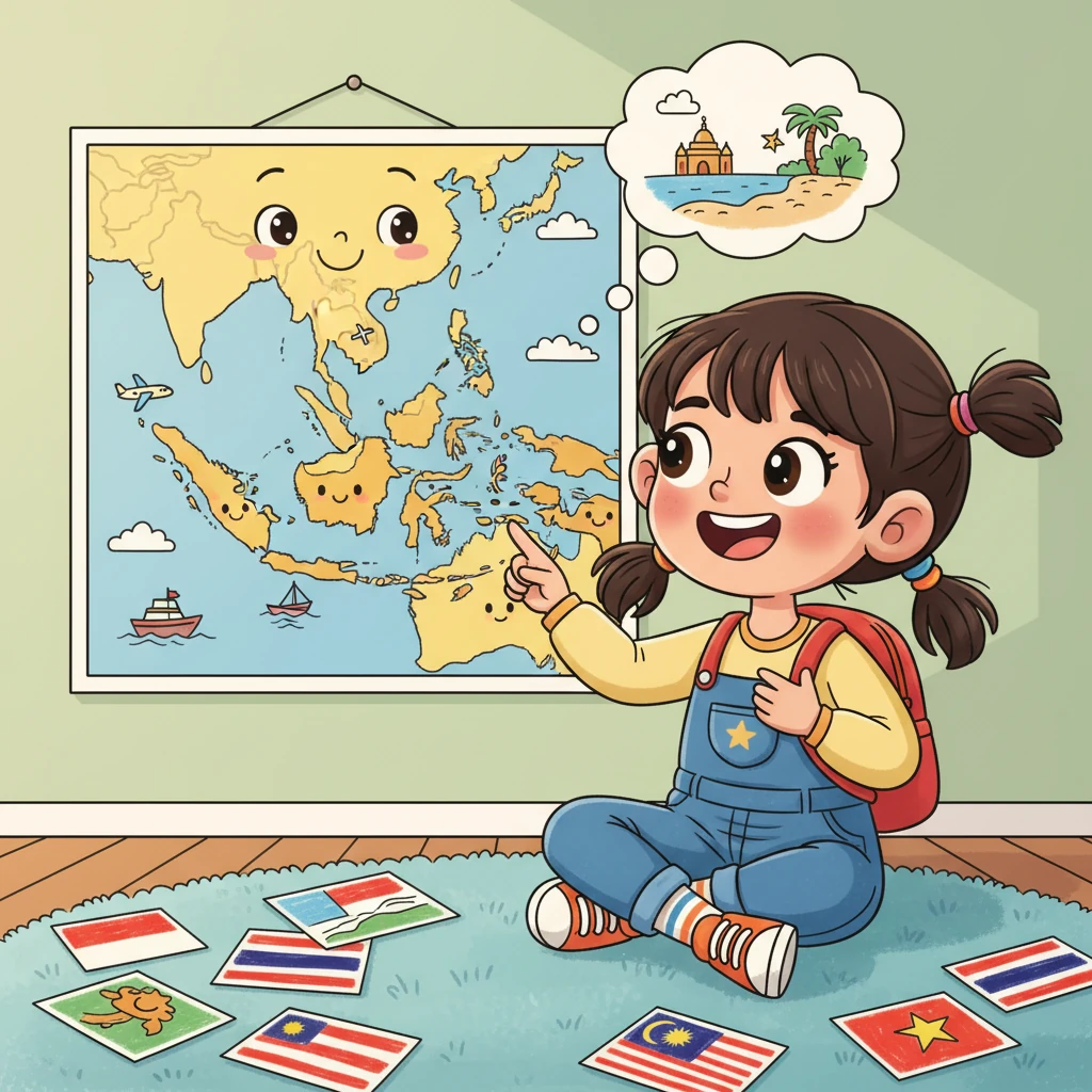 Mika, a bright-eyed girl with a backpack, sits on her bedroom floor, surrounded by colorful drawings of flags. She gazes at a large, friendly map of Southeast Asia, her finger tracing the outlines of many countries. A big smile lights up her face as she dreams of exciting adventures. Her heart is full of wonder for the lands of ASEAN.