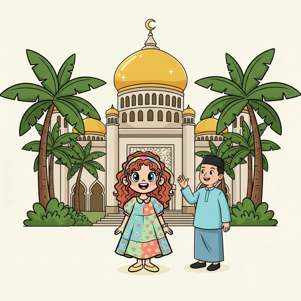 Her first stop is Brunei Darussalam, where golden domes gleam under the tropical sun. Mika stands in awe beside a grand mosque, its intricate details sparkling. Lush green trees frame the majestic architecture, and a friendly local waves hello.