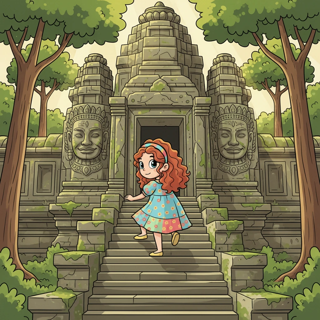 Next, Mika finds herself amidst the ancient wonders of Cambodia. She climbs the moss-covered steps of a magnificent temple, its stone faces watching over her. Sunlight filters through the trees, creating a magical atmosphere as she imagines stories from long ago.