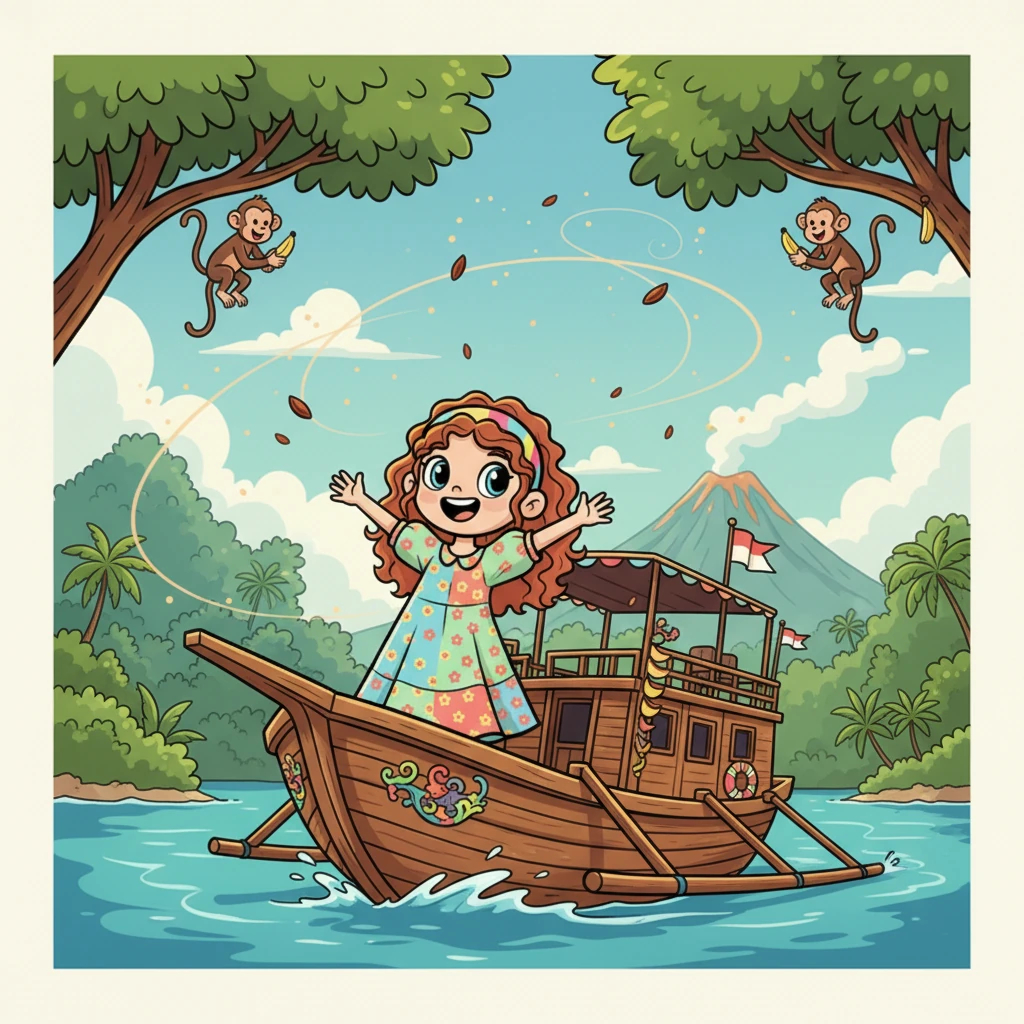 Mika sails on a traditional boat through the stunning islands of Indonesia, with a smoking volcano visible in the distance. Playful monkeys peek from dense rainforests, and the air is filled with the scent of spices. The lively rhythm of the islands fills her with joy.