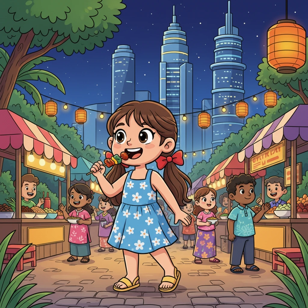 Malaysia welcomes Mika with a dazzling blend of towering cityscapes and ancient rainforests. She tastes delicious street food in a bustling market, surrounded by friendly chatter and vibrant colors. The air buzzes with energy and excitement.