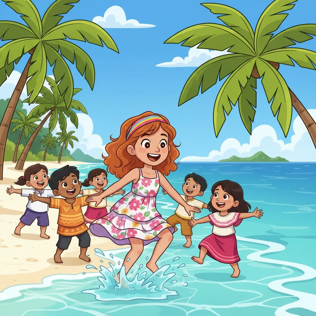 The sunny shores of the Philippines greet Mika with open arms. She splashes in the clear blue waters of a pristine beach, surrounded by swaying palm trees. Happy children invite her to join their lively traditional dance, filling the air with laughter.