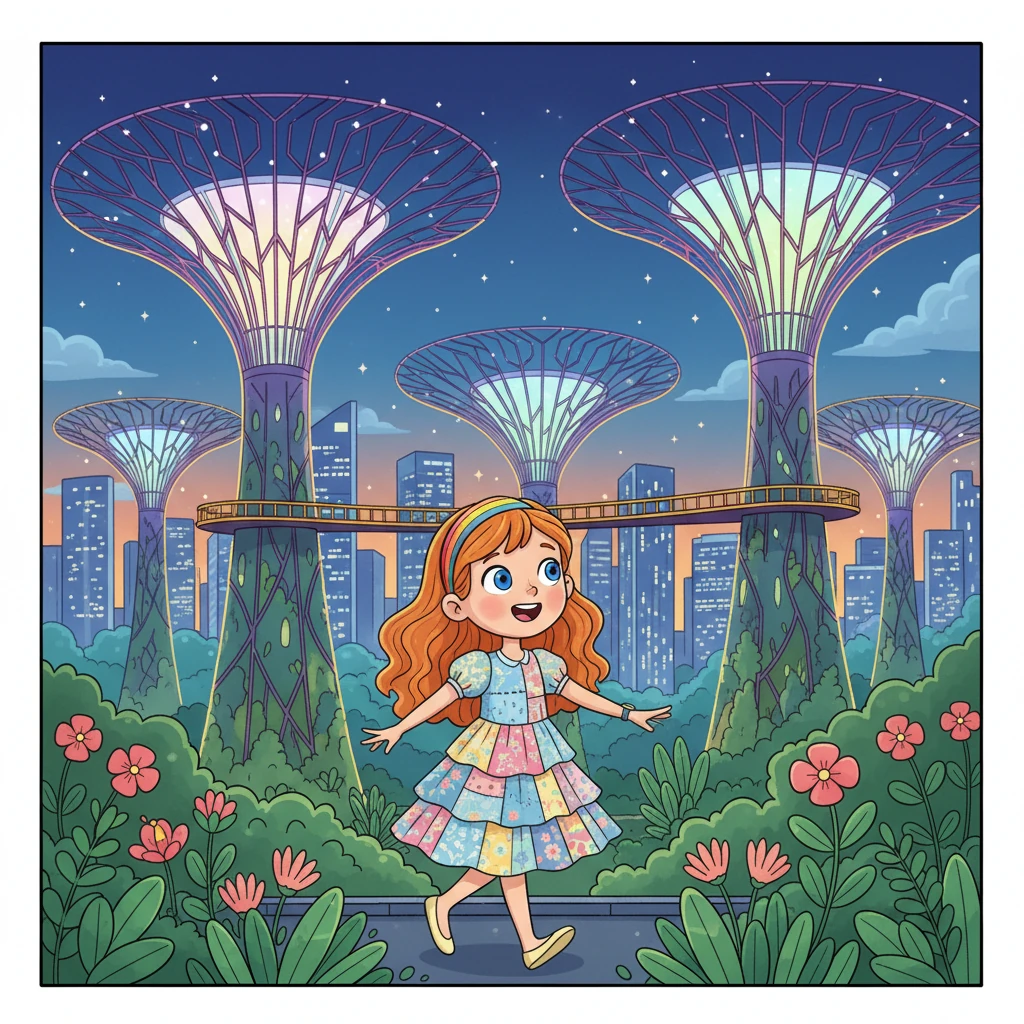 Singapore's futuristic gardens and sparkling skyscrapers amaze Mika. She walks among giant, tree-like structures that glow with soft lights. The city is a vibrant tapestry of green spaces and modern wonders, making her feel like she's in a storybook.