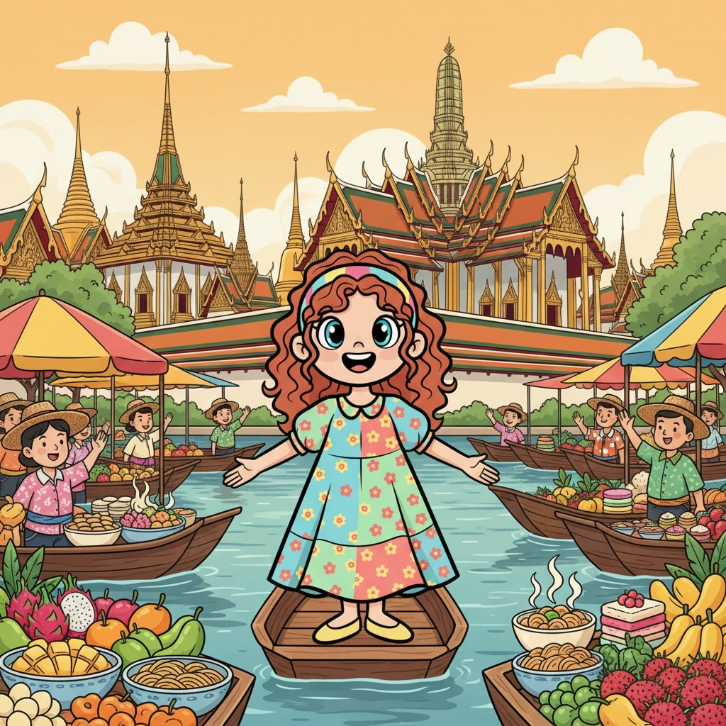 Mika's final stop is Thailand, where she explores bustling floating markets filled with colorful boats and delicious treats. She visits grand, ornate palaces, reflecting on her incredible journey. She realizes that while each country is wonderfully unique, they all share a warm spirit of friendship and unity, just like the big ASEAN family.