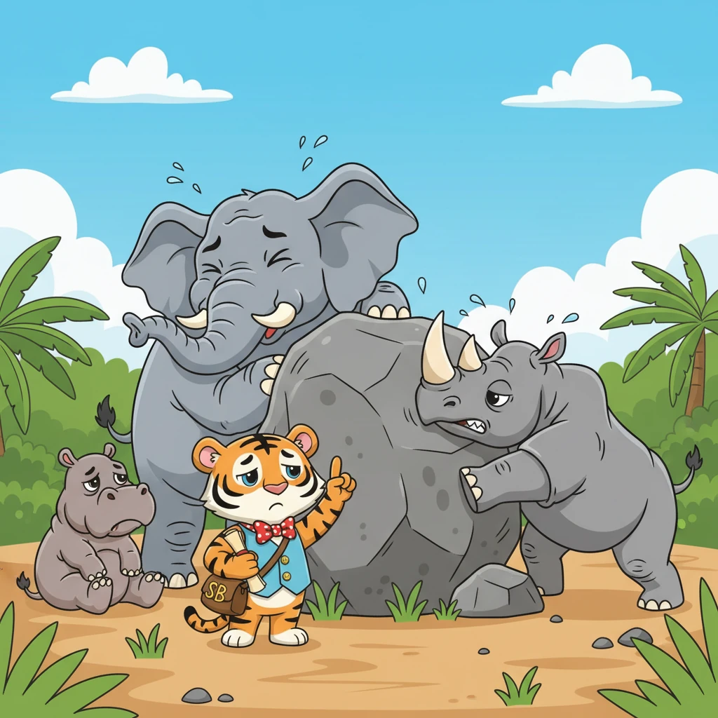 Haiwan-haiwan yang paling kuat, seperti gajah dan badak sumbu, cuba menolak batu itu dengan sekuat hati. Mereka mengerah segala tenaga tetapi batu itu tidak bergerak walau sedikit pun. Semua kelihatan sedih dan putus asa.