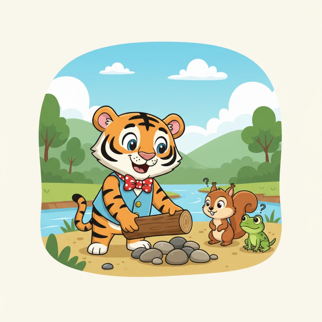 Dengan pantas, Belang mengumpulkan beberapa batu kecil yang bulat dan sekeping kayu balak yang kukuh. Dia menyusun barang-barang itu dengan teliti, senyumannya semakin lebar. Rakan-rakan haiwan lain melihatnya dengan tanda tanya.