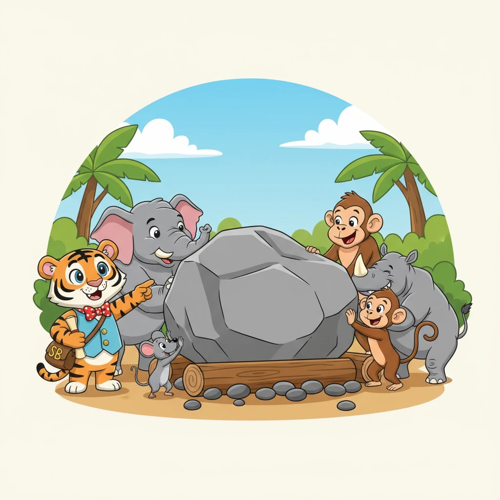 Semua haiwan bekerjasama mengikut arahan Belang. Mereka meletakkan kayu balak di bawah batu besar dan meletakkan batu-batu bulat di bawahnya sebagai penggelek. Dengan semangat berpasukan, mereka bersedia untuk menolak.