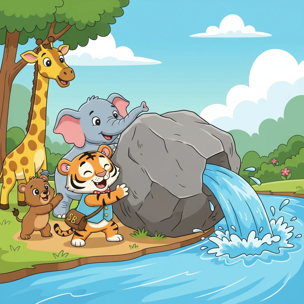 Dengan satu tolakan yang kuat dan serentak, batu besar itu mula bergolek perlahan-lahan. Ia bergerak menjauhi laluan sungai, dan air mula mengalir deras seperti biasa! Kegembiraan terpancar di wajah semua haiwan.