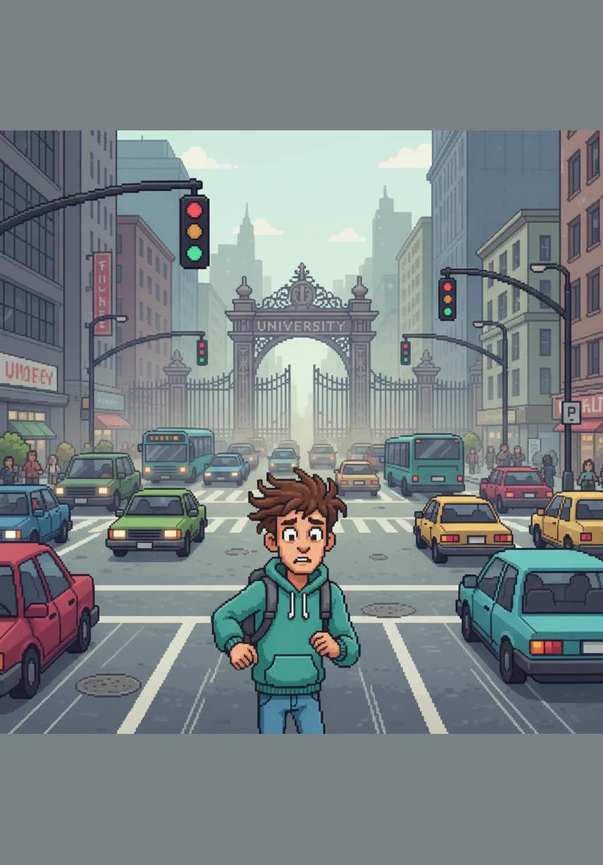 As he nears the main road, the city noise blurs into a chaotic hum, and he prepares to dash across the busy intersection. His mind is focused entirely on the university gates visible in the distance.