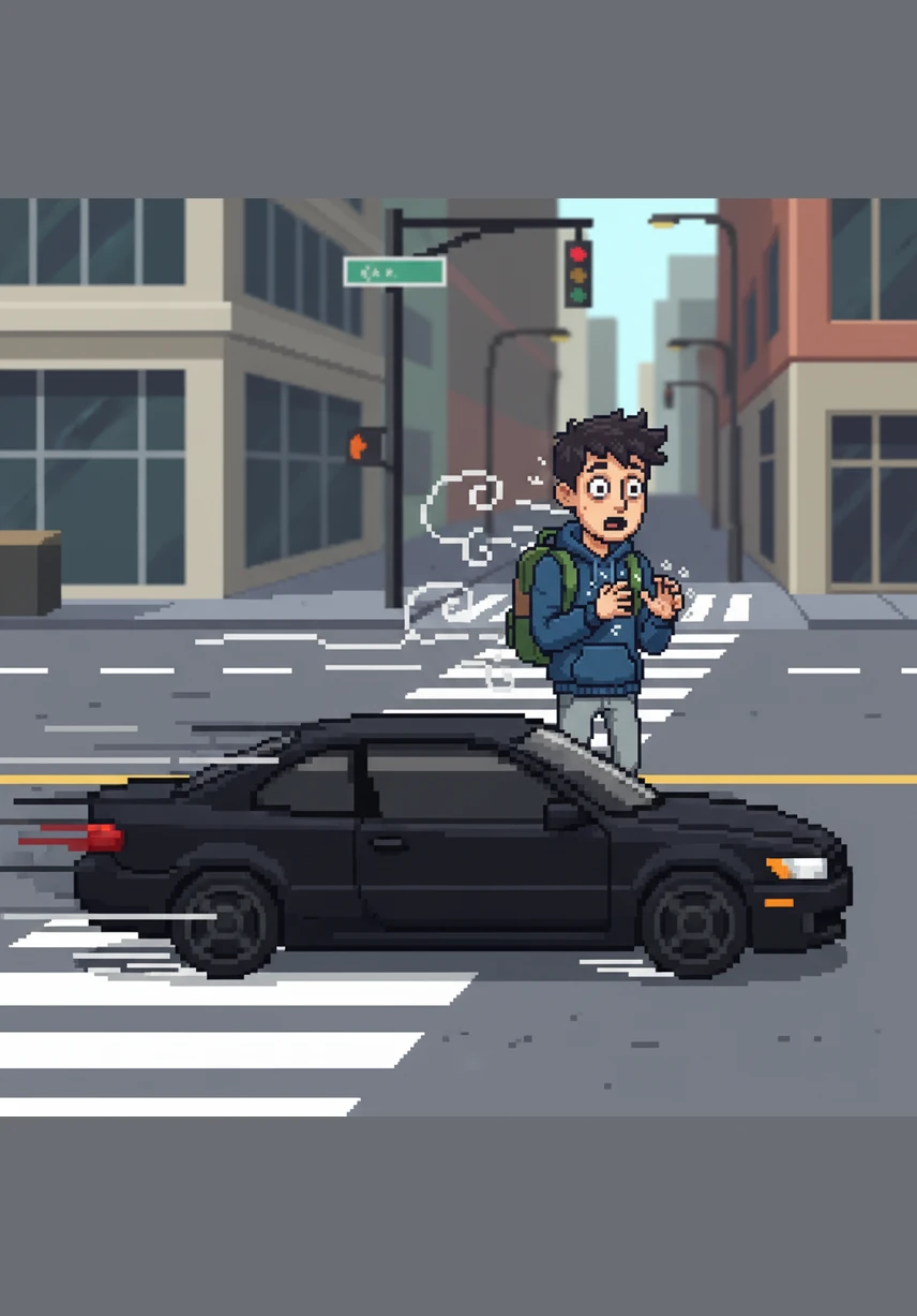 At that exact moment, a dark car streaks past him like a blur, missing him by mere inches as it barrels through the intersection at a lethal speed. The sudden rush of wind from the vehicle's passage nearly knocks him off his feet.