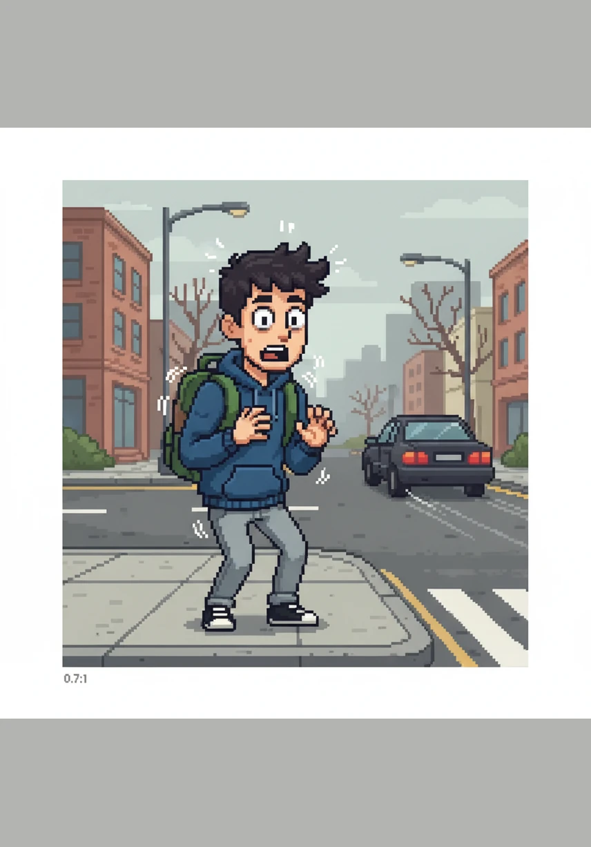 Azamat stands frozen on the curb, realizing that if he had taken just two more steps, he would have been directly in the path of the speeding car. He watches the vehicle disappear into the distance, his body shaking with adrenaline.