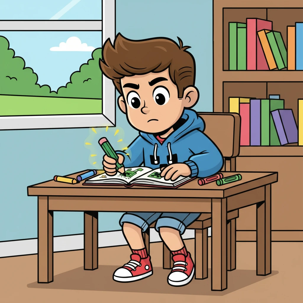 Arman, avec ses cheveux bruns et ses yeux brillants, était assis à son bureau, un carnet de croquis ouvert devant lui. Il dessinait un Creeper, prêt à exploser. Il adorait l'univers de Minecraft et passait des heures à imaginer de nouvelles créatures et aventures.