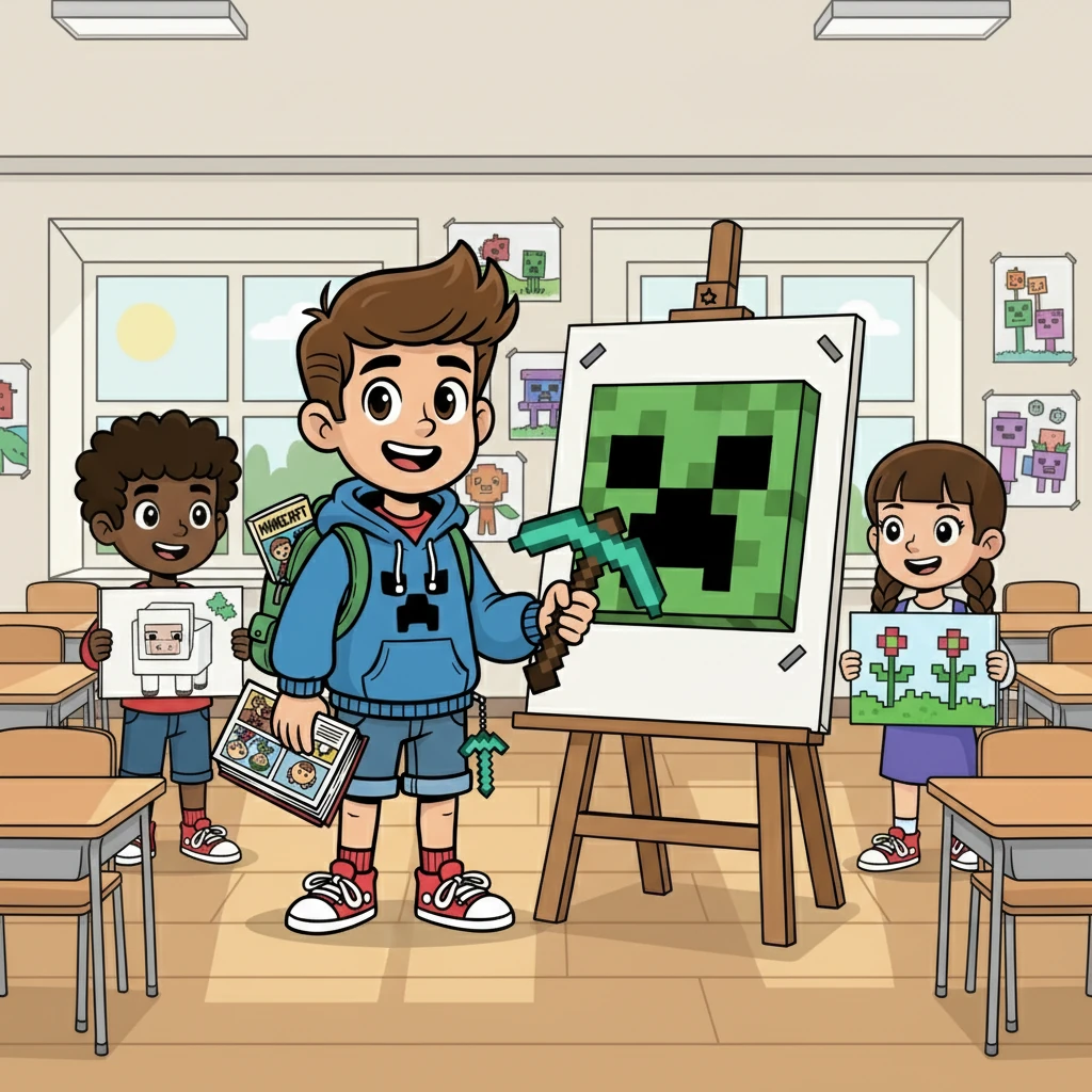 Le jour du concours, la salle de classe était remplie de dessins incroyables. Arman, avec son talent, dessina un Creeper géant, plus terrifiant que jamais. Deniz et Kemal avaient aussi créé de belles œuvres.