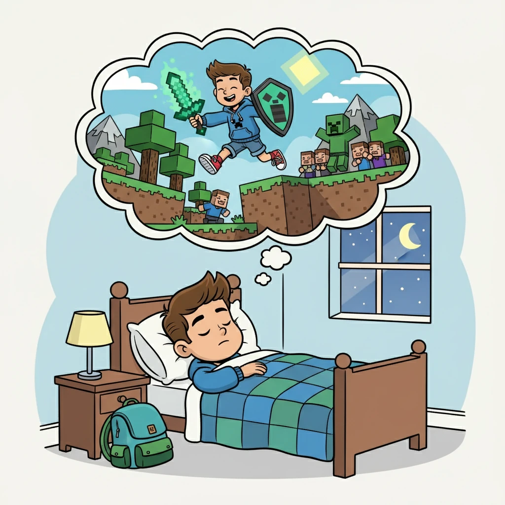 Un soir, Arman, fatigué de sa journée, s'endormit en rêvant de son monde Minecraft. Dans son rêve, il était un héros, protégeant ses amis des dangers.