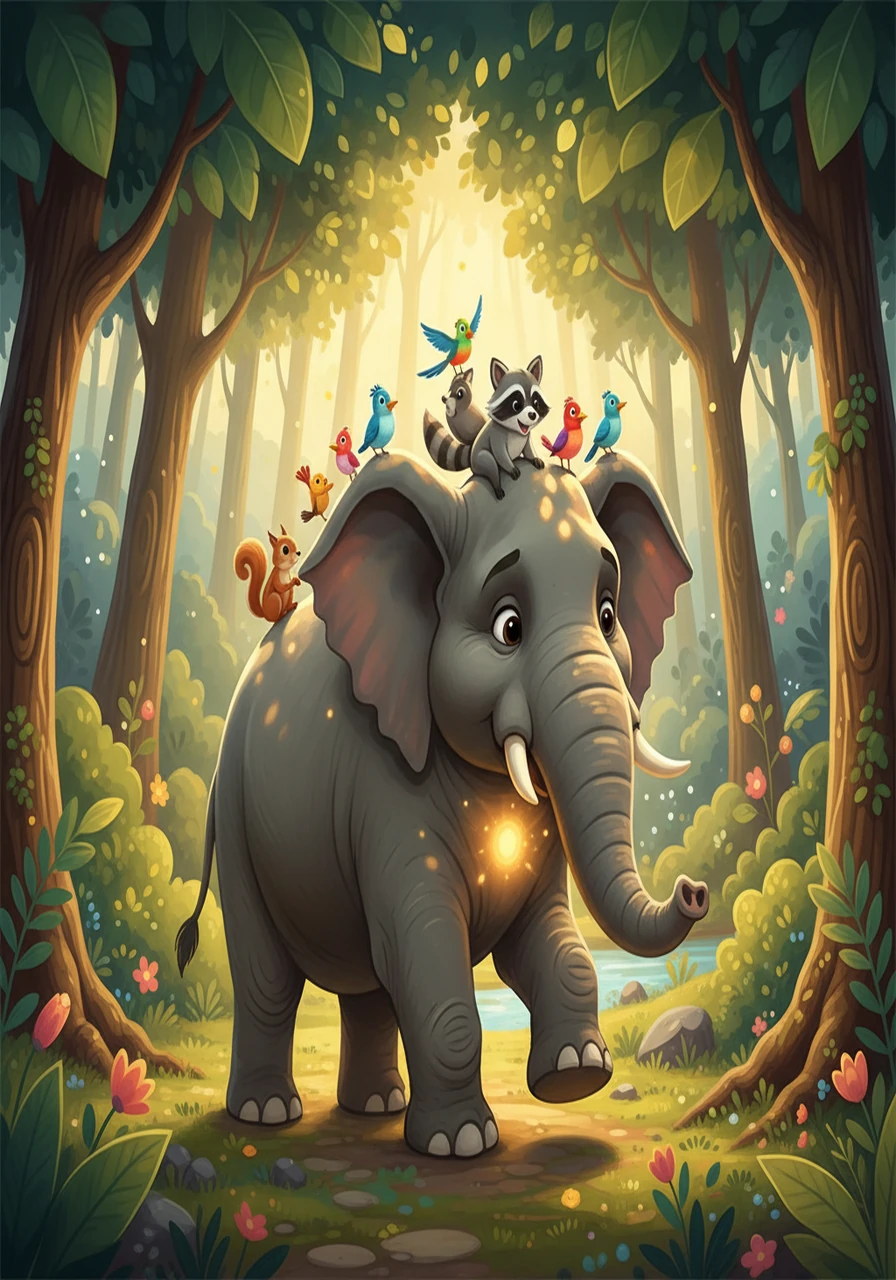 Hathi, a giant elephant with a heart of gold, was Humming's best friend. He roamed the forest, his massive feet barely making a sound on the soft earth. Hathi's gentle nature made him a friend to all, and his size made him a protector of the smaller creatures.