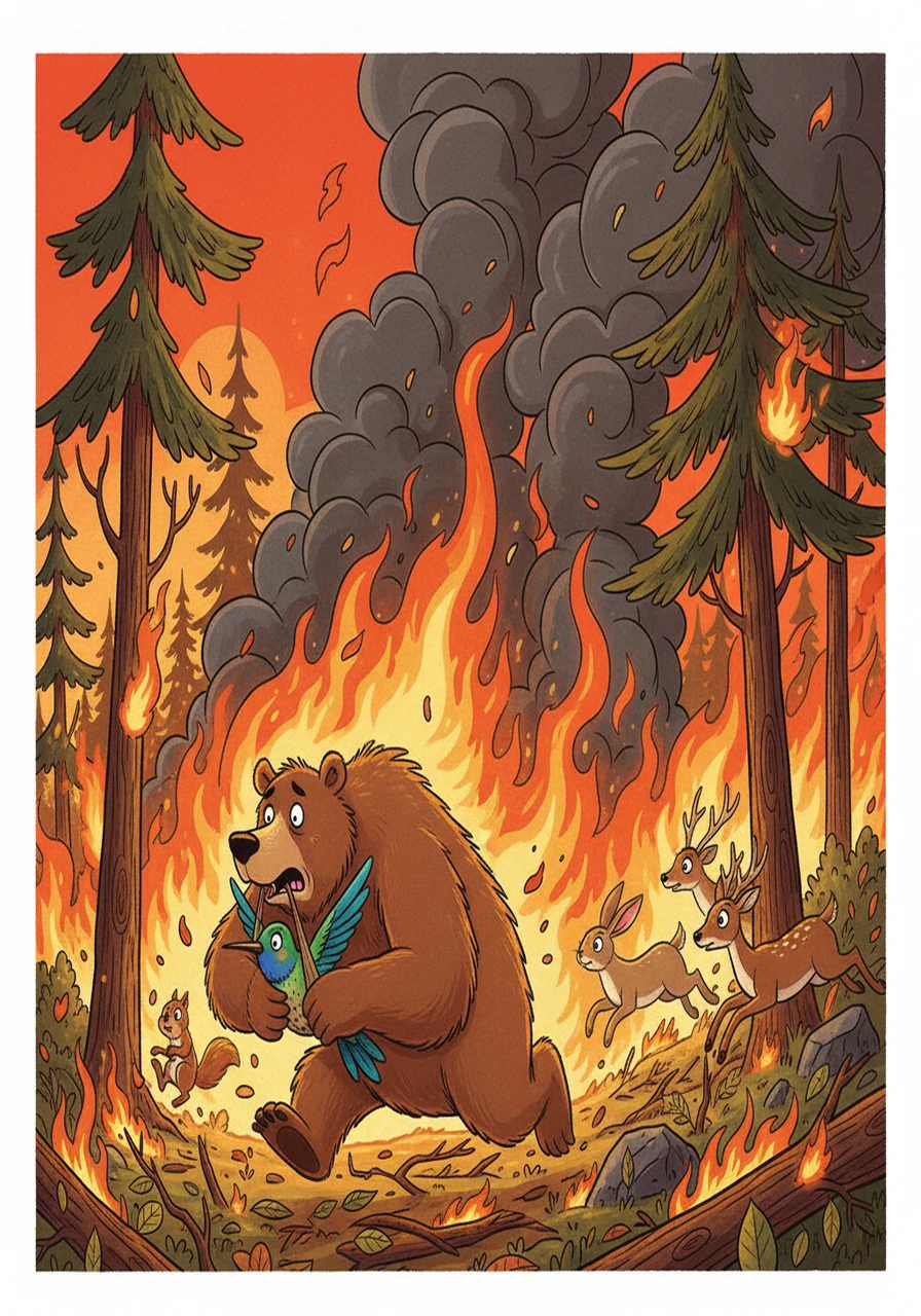 One scorching afternoon, a spark ignited, and a fierce fire erupted in the woods. Smoke billowed into the sky, the air filled with the crackling of flames and the terrified cries of animals. The forest, Humming and Hathi's home, was in grave danger.