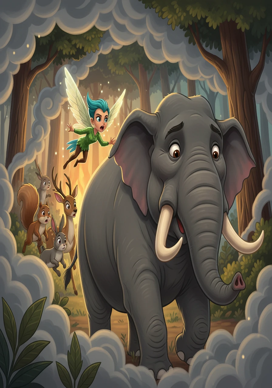 Humming, with her incredible speed, darted through the smoke, warning the animals to flee. She flew to Hathi, her tiny voice filled with urgency, relaying the terrible news. Hathi knew he had to act fast to protect his friend and the forest.