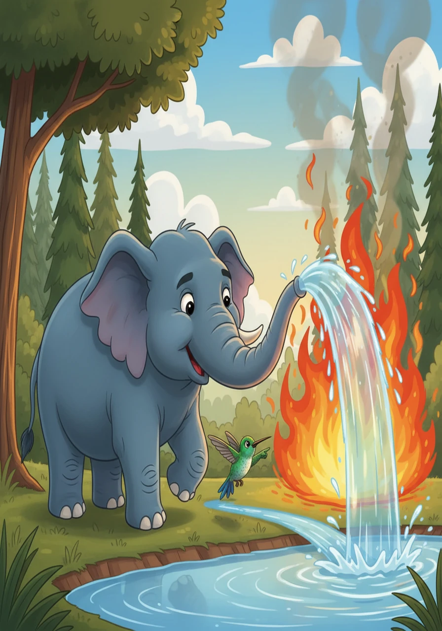 Hathi, using his powerful trunk, began to spray water from a nearby lake onto the flames, creating a barrier. Humming helped by finding sources of water and guiding Hathi. They worked together, a tiny hummingbird and a giant elephant, side-by-side.