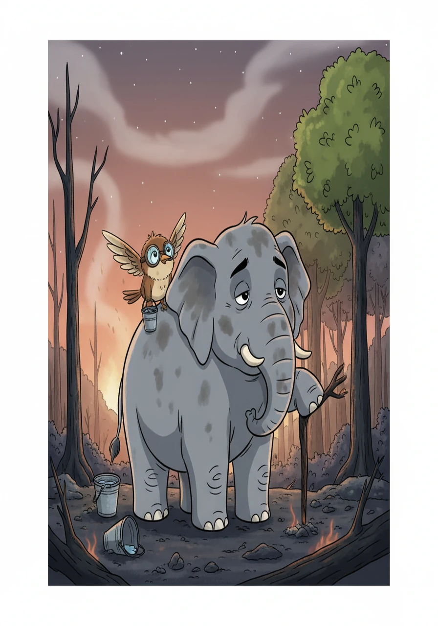 Finally, after hours of hard work, the fire began to subside. Exhausted but triumphant, Humming and Hathi looked at the scorched but saved forest. They had saved their home, proving that even the smallest can make a big difference when working together.