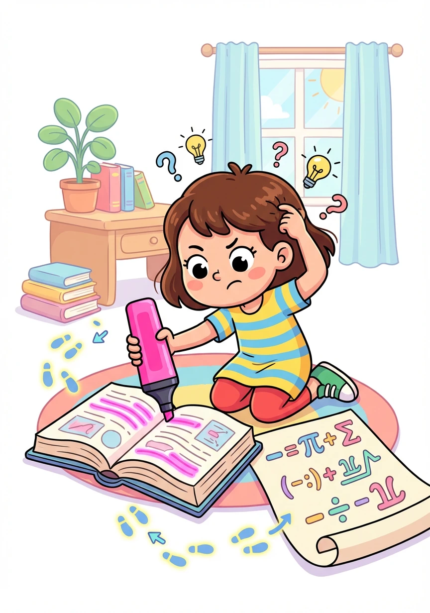 她用荧光笔标记了重要的句子，并尝试理解每个公式的含义，一步一个脚印。