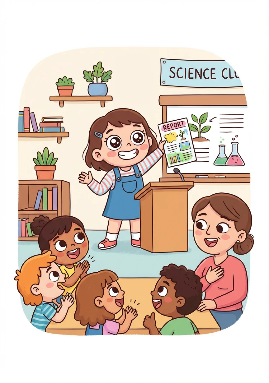 她将她的研究成果整理成一份简单的报告，并在学校的科学俱乐部里分享了她的科研之旅，大家都为她感到骄傲。