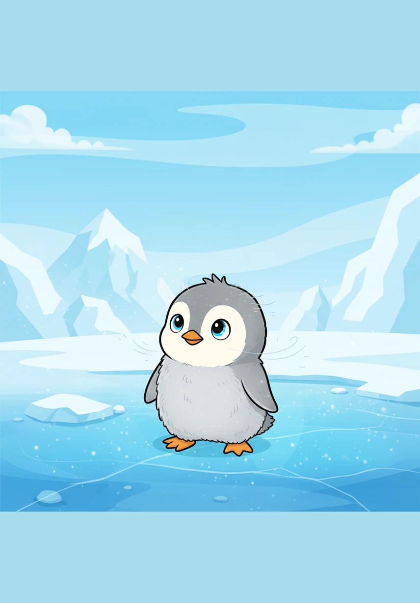 Deep in the snowy Antarctic, a little penguin named Pippin stands on the sparkling blue ice. His fluffy gray feathers ruffle in the cold breeze as he looks around the wide, white world for the first time.