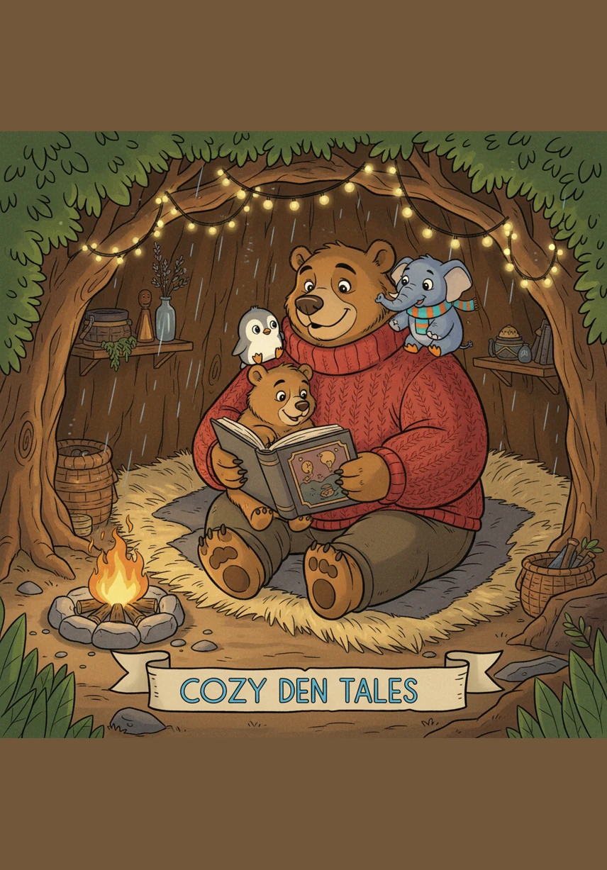 Far away in a green forest, a mother bear named Bella rests in a dark, warm den with her two small cubs. The cubs tumble and play in the soft moss, feeling completely safe while their mother watches over them with gentle eyes.