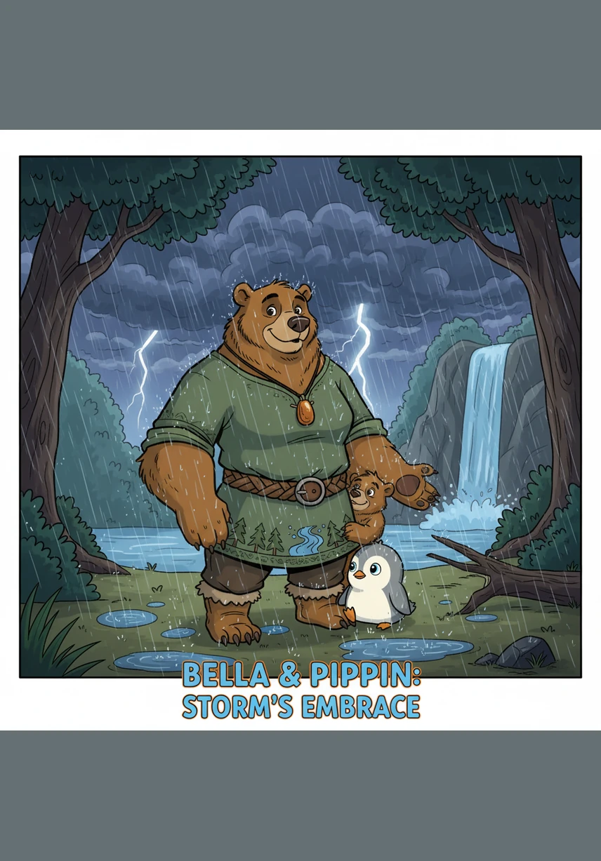 As a sudden thunderstorm rolls in with dark clouds, the adult elephants form a tight, protective circle around Elly. They stand together like a living wall, blocking the heavy rain and the loud cracks of thunder.