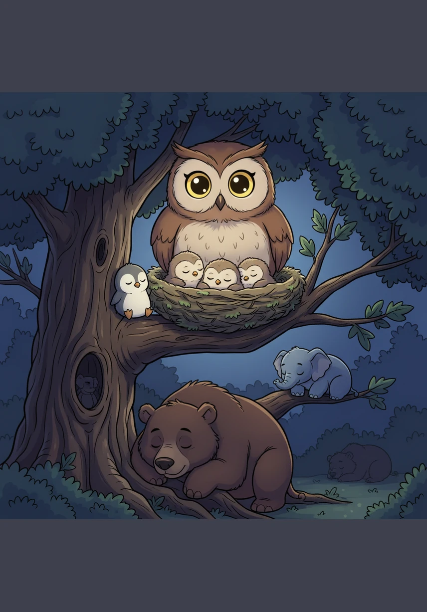 High in an old oak tree, a mother owl keeps her big, golden eyes wide open while the rest of the forest sleeps. She stays awake all through the night to make sure no one bothers her fluffy, sleeping owlets in their nest.