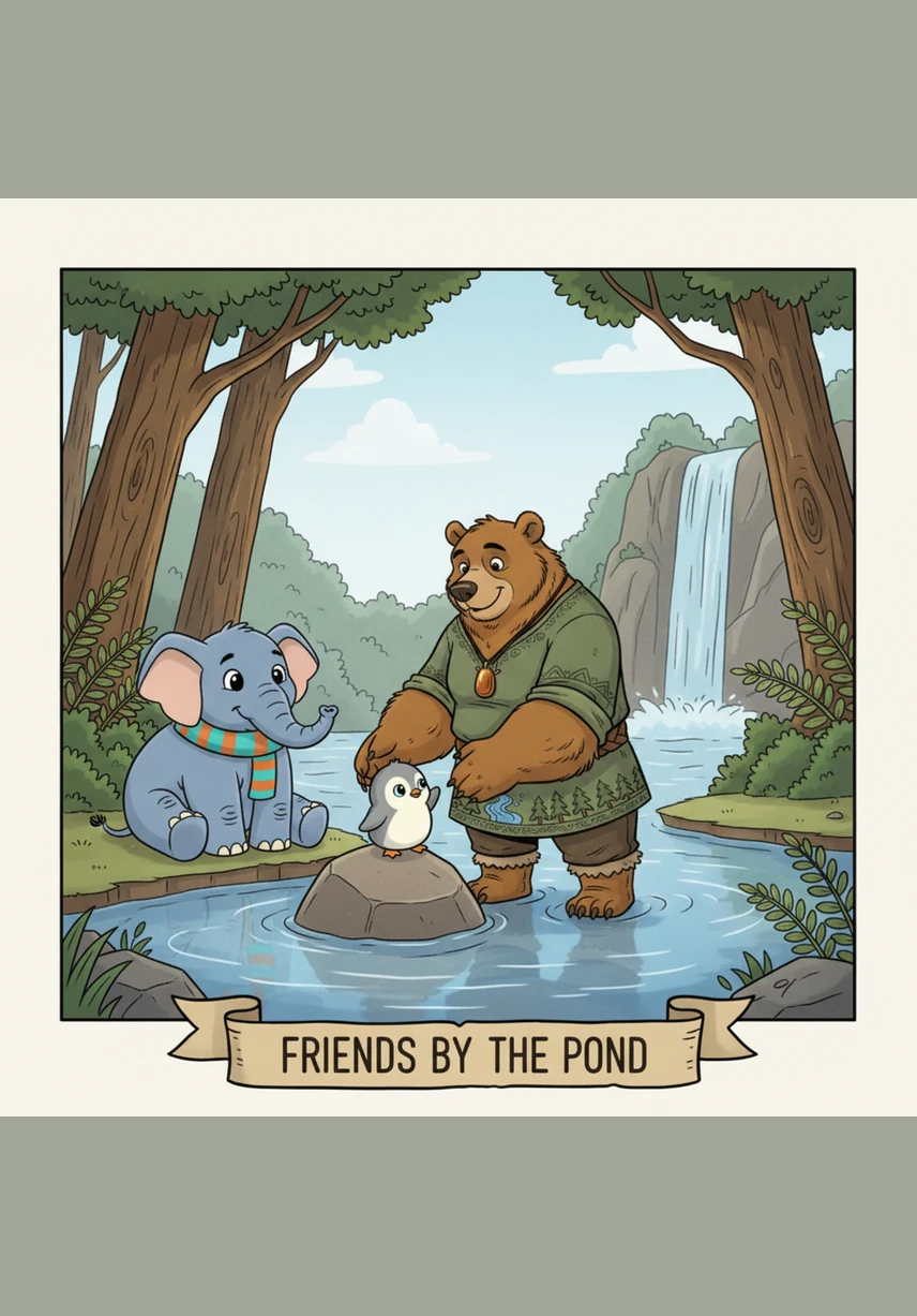 On a peaceful blue pond, a mother swan glides gracefully through the calm water. Her soft, gray cygnets ride safely on her back, tucked between her snowy white wings like little passengers on a royal boat.