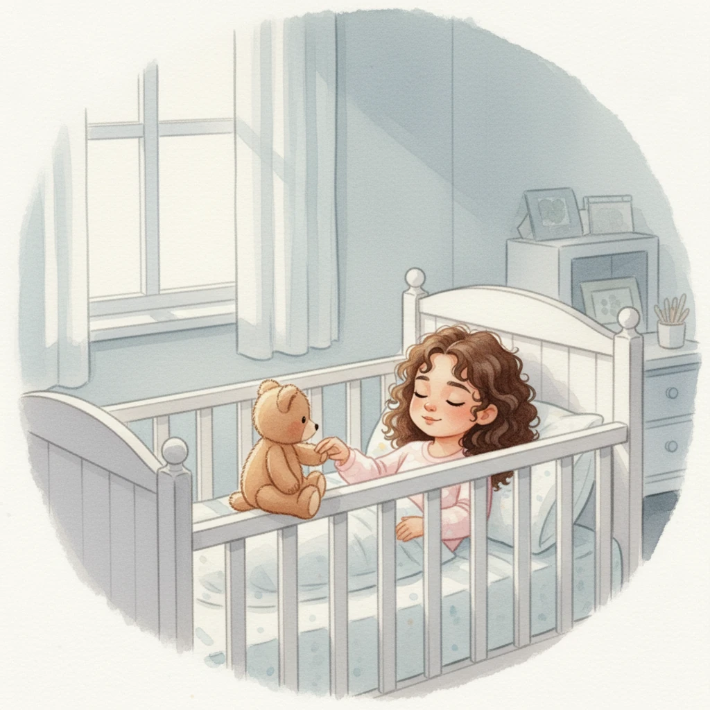 Ahora, Michelle está en su cuna blanca, lista para dormir. Titi la mira desde el borde de la cuna, su fiel compañero siempre cerca. La luna asoma por la ventana, pintando la habitación con un suave resplandor plateado, creando un ambiente de paz y tranquilidad para el descanso.