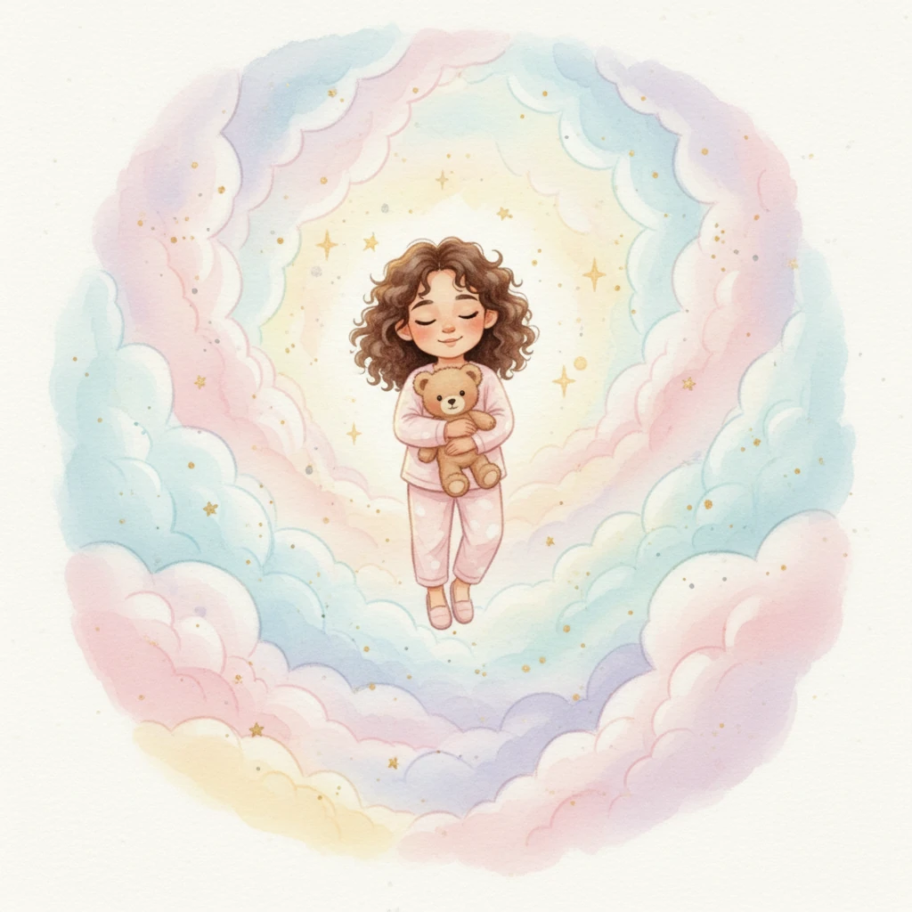 Los ojos de Michelle están cerrados, y una dulce sonrisa juega en sus labios mientras duerme profundamente. En su sueño, Titi parece flotar suavemente sobre nubes de algodón, llevándola a un mundo de fantasía lleno de estrellas brillantes. La acuarela captura la ligereza y la magia de estos sueños infantiles tan especiales.