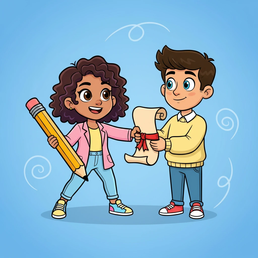 Pip Spotlight, a small, energetic reporter with a giant grin, proudly received a special assignment scroll from their wise-looking editor. The task? To capture the essence of 'Lights, Camera, Drama' for the next big issue of Whimsy Weekly! Pip clutched a comically oversized pencil, eyes sparkling with determination.