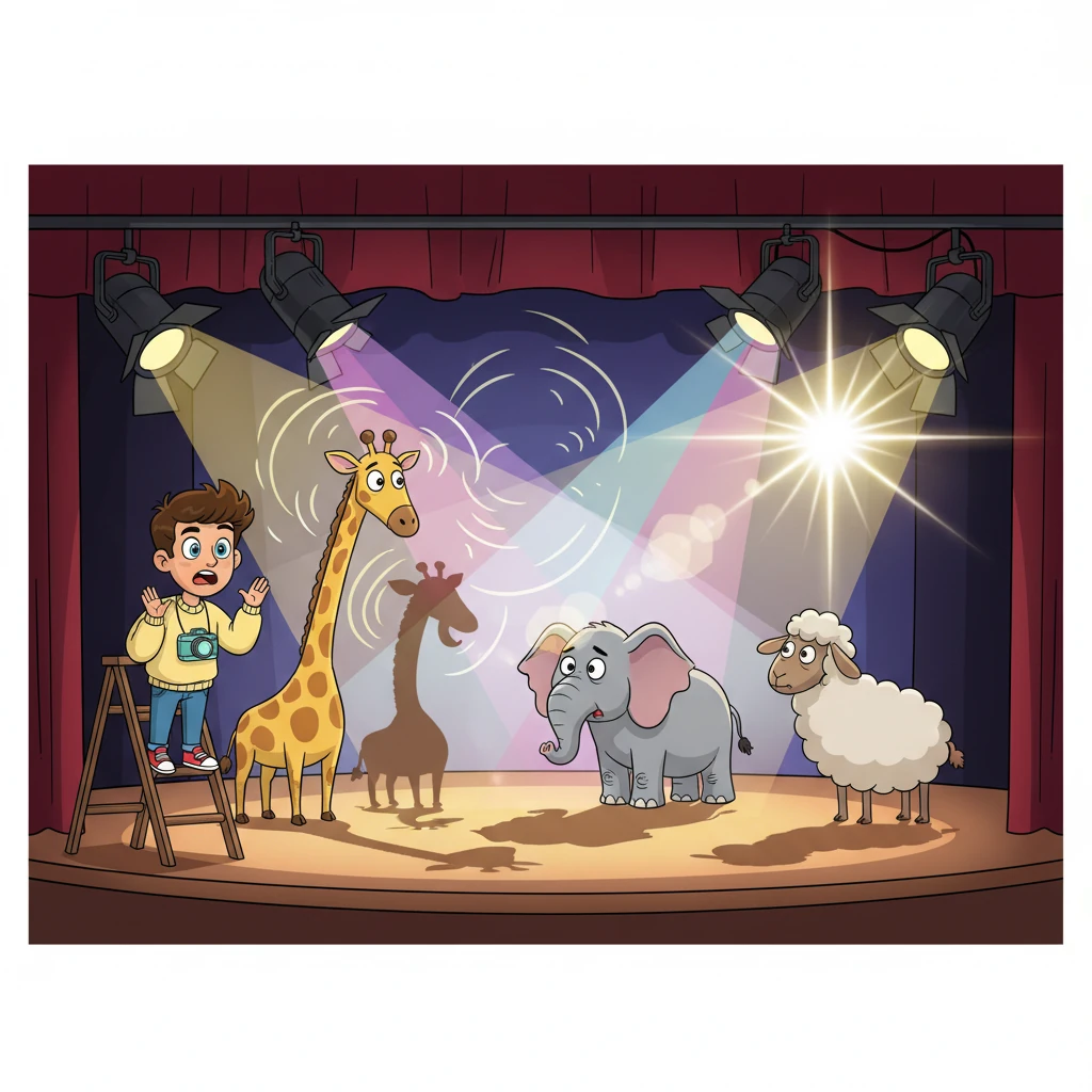 As Pip adjusted the stage lights, they suddenly went wild, spinning and flashing in dizzying patterns. They cast silly, elongated shadows of the confused animal actors, making them look even more comical. One mischievous light beam shone directly into the camera lens, creating a bright, star-shaped flare.