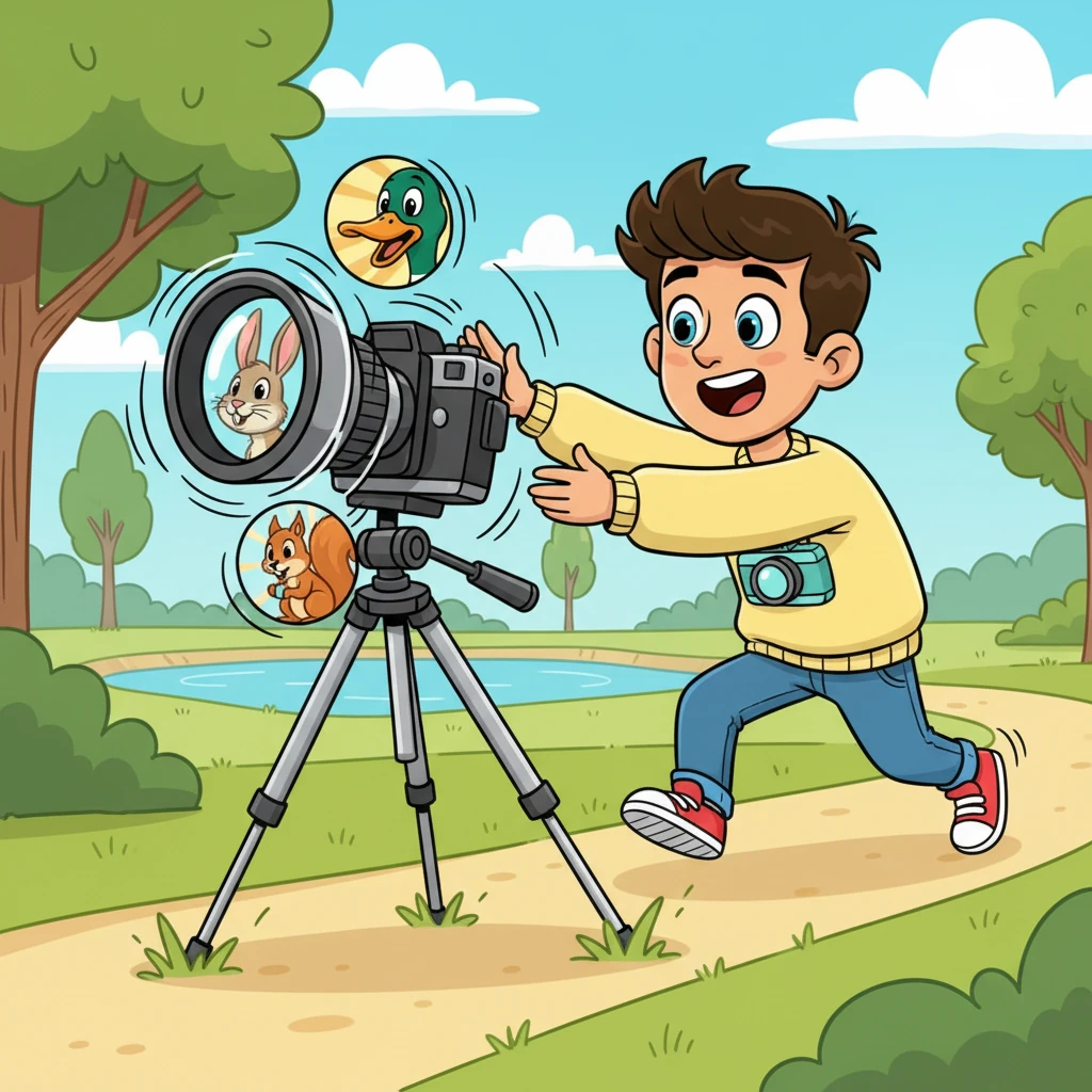 The camera, precariously balanced on a wobbly tripod, began to spin and zoom uncontrollably. It captured extreme close-ups of a duck's surprised beak, a rabbit's twitching nose, and a squirrel's bushy tail as it zoomed past. Pip chased after it, trying to regain control, laughing all the while.