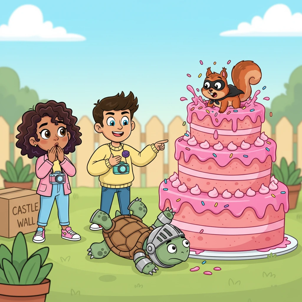 Pip attempted to stage a grand, dramatic rescue scene with the turtle knight and the squirrel villain. But the turtle tripped over a prop, sending the squirrel flying through the air. The 'villain' landed with a comical splat right into a giant, wobbly cake, covering them in frosting and sprinkles.