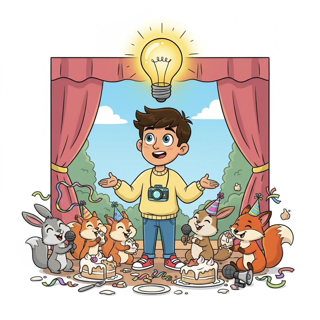 Pip looked up, then around at the messy but incredibly joyful scene. The animals were giggling, playing with the fallen props, and even sharing bits of the cake. A giant lightbulb appeared above Pip's head, realizing the 'drama' wasn't about perfection, but the funny, unexpected moments.