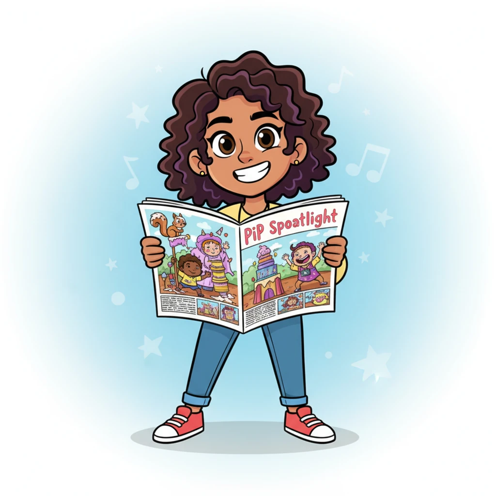 With a huge, proud grin, Pip Spotlight held up the freshly printed 'Whimsy Weekly' magazine. The vibrant cover featured a magnificent illustration of the wonderfully chaotic, joyful scene, complete with the frosting-covered squirrel and the wobbly props. The bold title read: 'Lights, Camera, Drama! The Best Kind of Chaos!'