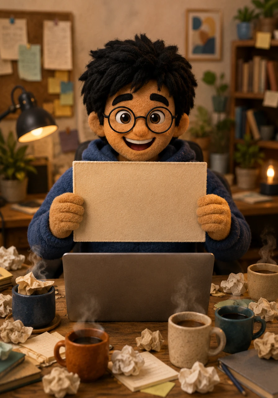 Rahul sits at his cluttered modern desk, eagerly typing on his laptop while surrounding himself with crumpled papers and hot cups of coffee. He looks directly at the viewer with a hopeful, honest smile, holding up a sign that reads 'Ready to Collaborate!' to invite a new writing partner into his creative world.